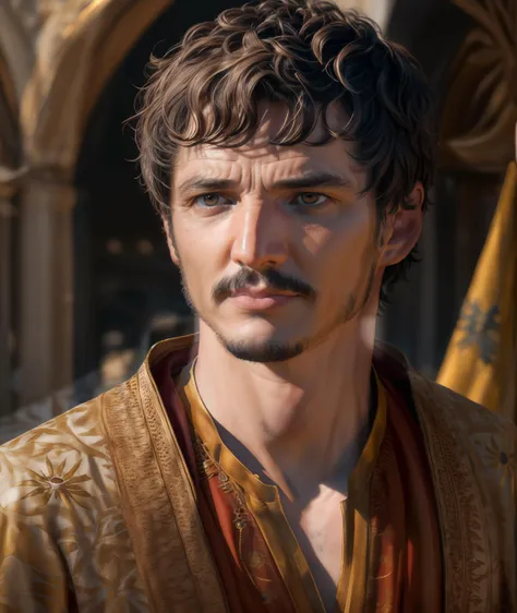 medium photo of man (pedro pascal:1.05),playing Oberyn Martell,24mm,4k textures,soft cinematic light,highly detailed,sharp focus,hyperdetailed,low contrast,exposure blend,gold accents reflecting,gold jewelry,(brown eyes:1.35) <lora:diffusiondesign_PedroPascal_1.13:0.75> <lora:epiNoiseoffset_v2:1>