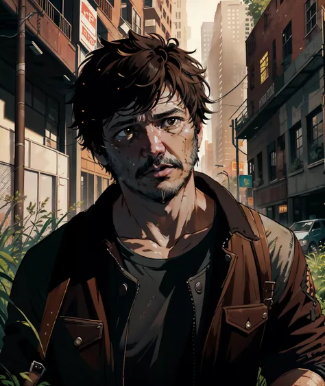 1boy,man (pedro pascal:1.10),playing Joel Miller,The Last of Us,(brown eyes:1.35),(masterpiece:1.10),(best quality:1.10),illustration,action shot,cinematic lighting,abandoned overgrown background,absurdres <lora:diffusiondesign_PedroPascal_1.13:0.7>