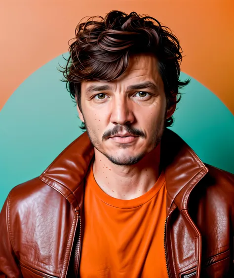 analog studio portrait photo of man (pedro pascal:1.1),photorealistic,masterpiece,4k,studio lighting,35mm film,Fujifilm XT3,film grain,full color,perfect face,brown eyes,wearing a (red leather jacket:1.2) and orange shirt,blue background,three quarter view <lora:diffusiondesign_PedroPascal_1.13:0.7>