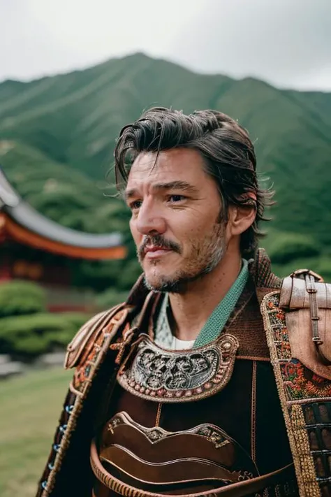 portrait action shot of beautiful man pedro pascal wear samurai armor <lora:samuraiLoraV01:1>, japan interior, 24mm,4k textures, soft cinematic light, highly detailed, sharp focus, hyperdetailed, low contrast, dim colors, exposure blend,(dusty:1.3),volumetric lighting, full body character art, brown eyes <lora:pedropascal1:0.7> <lora:epi_noiseoffset2:1.2>