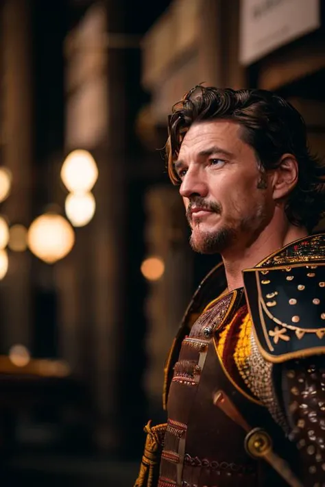 portrait action shot of beautiful man pedro pascal wear samurai armor <lora:samuraiLoraV01:1>, japan interior, 24mm,4k textures, soft cinematic light, highly detailed, sharp focus, hyperdetailed, low contrast, dim colors, exposure blend,(dusty:1.3),volumetric lighting, full body character art, brown eyes  <lora:pedropascal1:0.7> <lora:epi_noiseoffset2:1.2>