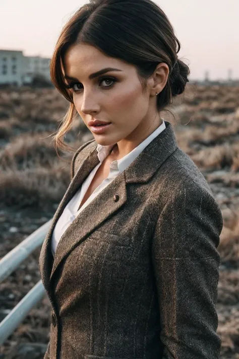 photo of LucyP1nd3r_HM-140, a woman, perfect hair, (modern photo), wearing blazer, button-up, slacks, 70mm standard (analog, cinematic, film grain:1.3), Post-Apocalyptic Wasteland, Desolate landscape with crumbling structures, overgrown flora, and polluted sky., detailed eyes, professional pose, (epiCPhoto), (looking at viewer:1.1), (cinematic shot:1.3), (soft style lighting), OverallDetail, SkinHairDetail