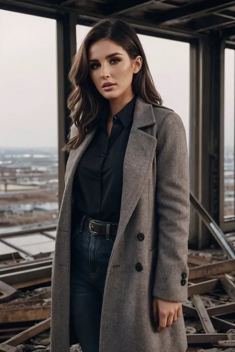 photo of LucyP1nd3r_HM-140, a woman, perfect hair, (modern photo), wearing black jeans, black button-up shirt, wool coat, 50mm medium telephoto (analog, cinematic, film grain:1.3), Post-Apocalyptic Wasteland, Desolate landscape with crumbling structures, overgrown flora, and polluted sky., detailed eyes, professional pose, (epiCPhoto), (looking at viewer:1.1), (cinematic shot:1.3), (short style lighting), OverallDetail, SkinHairDetail