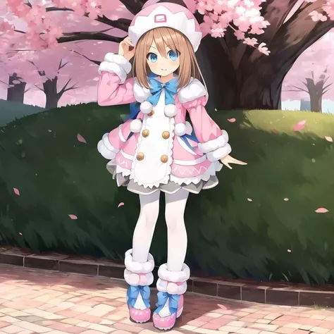 <lora:RamNeptuniaSeries-06:1>, (extremely detailed:1.1),(highly detailed:1.1),(best quality:1.1),(masterpiece:1.1), solo, 1girl, RamNeptunia, RamBase, long hair, blue eyes, brown hair, hat, white pantyhose, fur trim, blue bowtie, pink coat, pink headwear, Pink Footwear, puffy sleeves, buttons, pom pom (clothes), outdoors, full body, standing, looking at viewer, :P
