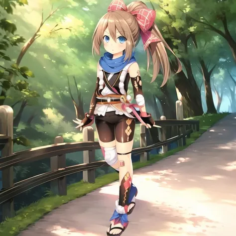 <lora:RamNeptuniaSeries-06:1>, (extremely detailed:1.1),(highly detailed:1.1),(best quality:1.1),(masterpiece:1.1), solo, 1girl, RamNeptunia, RamGGO, blue eyes, brown hair, ribbon, ponytail, ninja, japanese clothes, bandages, sarashi, hair bow, bike shorts, elbow gloves, ankle wrap, fingerless gloves, toeless footwear, scarf, outdoors, full body, standing
