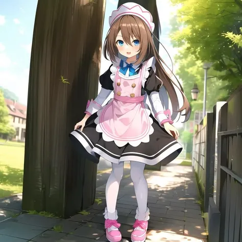<lora:RamNeptuniaSeries-06:0.6>, (extremely detailed:1.1),(highly detailed:1.1),(best quality:1.1),(masterpiece:1.1), solo, 1girl, RamNeptunia, long hair,  blue eyes, brown hair, white pantyhose, pink headwear, pink Footwear, buttons, (black maid uniform), outdoors, full body, standing, looking at viewer, :P
