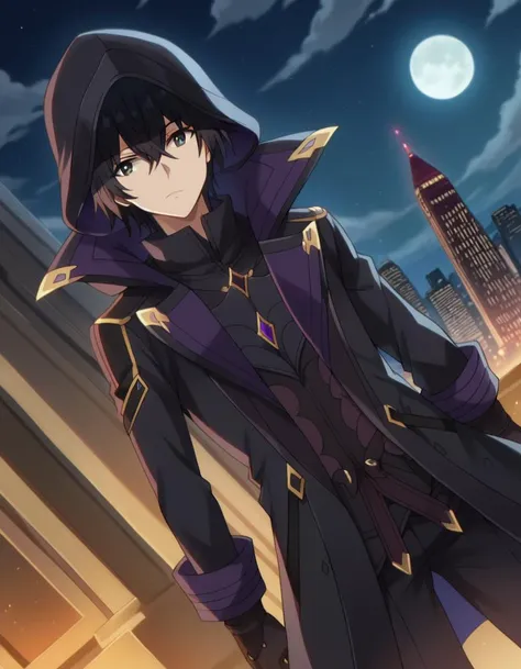 score_9, score_8_up, score_7_up, source_anime,
cidkagenou, <lora:cid-kagenou-ponyxl-lora-nochekaiser:1>,
cid kagenou, black hair, 1boy, hair between eyes, male focus, black eyes,
gloves, long sleeves, black gloves, pants, hood, coat, black pants, hood up, black coat,
outdoors, cityscape, night, moon,
looking at viewer, dutch angle,