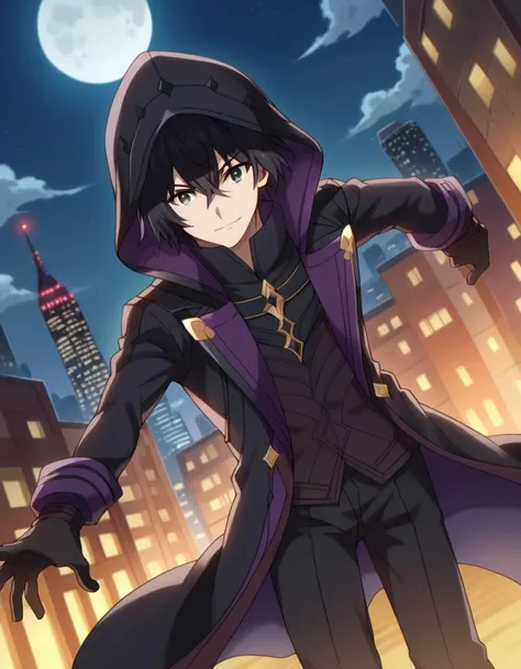 score_9, score_8_up, score_7_up, source_anime,
cidkagenou, <lora:cid-kagenou-ponyxl-lora-nochekaiser:1>,
cid kagenou, black hair, 1boy, hair between eyes, male focus, black eyes, smile,
gloves, long sleeves, black gloves, pants, hood, coat, black pants, hood up, black coat,
outdoors, cityscape, night, moon,
looking at viewer, dutch angle, dynamic pose, fighting stance,