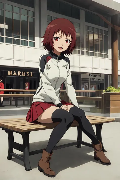(masterpiece, best quality:1.2), highres, anime screencap, anime coloring, 1girl, solo, smile, open mouth,
Aiko_Ando, petit, red hair, short hair, red eyes, bangs, medium breasts,
track jacket, raglan sleeves, long sleeves, red skirt, miniskirt, black thighhighs, zettai ryouiki, boots,
sitting on bench,
outdoors, shopping mall, wooden bench, looking at viewer,
<lora:add_detail_CyberAlchemist:0.4>, <lora:GoodHands-beta2:0.8>, <lora:AikoAndo-000010:1>,
