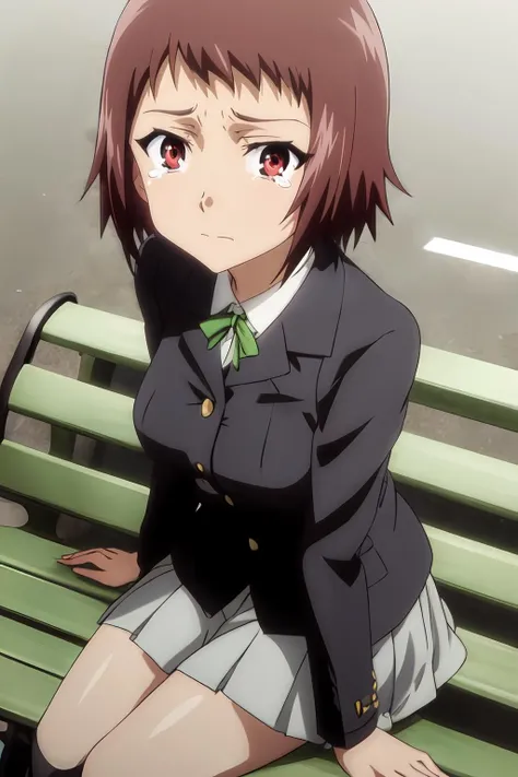 (masterpiece, best quality:1.2), highres, anime screencap, anime coloring, 1girl, solo, sad, tears, 
Aiko_Ando, petit, red hair, short hair, red eyes, bangs, medium breasts,
BREAK school uniform, black jacket, long sleeves, white shirt, grey miniskirt, pleated skirt, black thighhighs, zettai ryouiki, loafers,
sitting on bench, 
outdoors, park, park bench, looking up at viewer, from above, drop shadow, shadow, 
<lora:add_detail_CyberAlchemist:0.4>, <lora:GoodHands-beta2:0.8>, <lora:AikoAndo-000010:1>,
