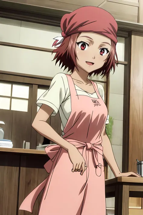 (masterpiece, best quality:1.2), highres, anime screencap, anime coloring, 1girl, solo, smile, open mouth, happy,
Aiko_Ando, petit, red hair, short hair, red eyes, medium breasts, bandana, head scarf,
(pink apron:1.1), white shirt, short sleeves, collarbone,
standing,
indoors, counter, wooden table, looking at viewer, drop shadow, shadow,
<lora:add_detail_CyberAlchemist:0.4>, <lora:GoodHands-beta2:0.8>, <lora:AikoAndo-000010:1>,