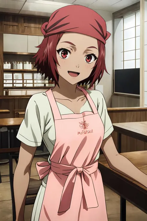 IzunaCzar, (short hair, pink hair, green eyes, goggles), (black spandex shorts, red ninja clothes, ninja, fishnet, fishnet legwear, shuriken), (sitting, cafe, drinking coffee), (masterpiece:1.2), hires, ultra-high resolution, 8K, high quality, (sharp focus:1.2), clean, crisp, cinematic,<lora:Izuna-15:0.7>