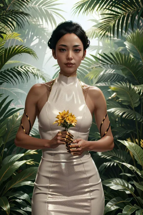 (masterpiece, best quality, highres:1.3)
<lora:CyberHanako:0.8>
CyberHanako, 1girl, black hair, hair updo, in lush jungle with flowers