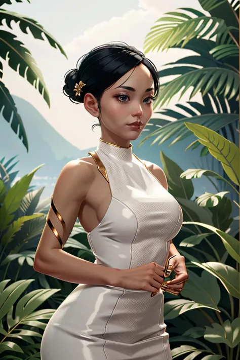 (masterpiece, best quality, highres:1.3)
<lora:CyberHanako:0.8>
CyberHanako, 1girl, black hair, hair updo, in lush jungle with flowers