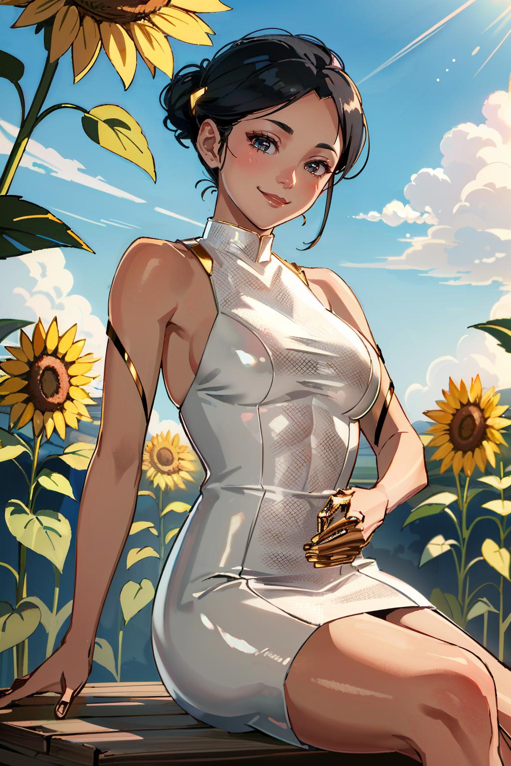 A woman sitting on a bench in front of a sunflower - SeaArt AI