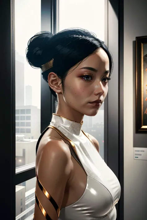 (masterpiece, best quality, highres:1.3)
<lora:CyberHanako:0.8>
CyberHanako, 1girl, black hair, hair updo, modern art gallery, midday, clean and even lighting to enhance the artwork
