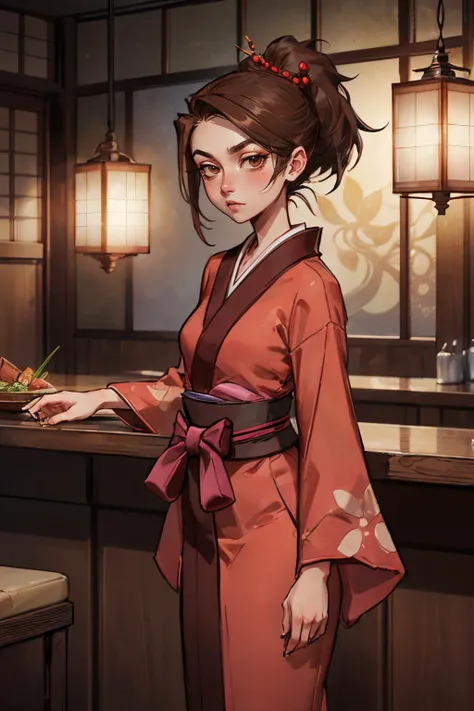 highres, detailed, <lora:detail_slider_v4:1.0>,
<lora:GoodHands-beta2:0.8>
1 girl, adult woman, freckles, grey-blue eyes, black lob hair,
portrait, solo, (full body:0.6), looking away, detailed background, detailed face, (feudal japan theme:1.1) bartender, simple light green clothes, rustic inn interior in background, mold, wall-decorations, banners, tankard, oil lamps, jovial fantasy atmosphere,