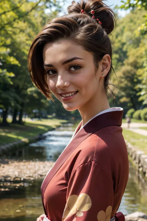 EPscFuu, short brown hair, brown eyes,ponytail, hairpin,hair ornament, red kimono, looking at viewer, smiling, close up, outside, park, river, trees, sunny, high quality, masterpiece <lora:EPscFuu:.8>