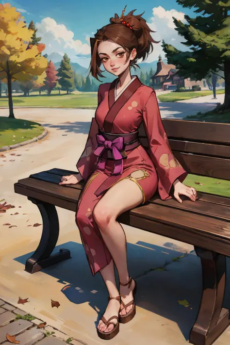 EPscFuu, short brown hair, brown eyes,ponytail, hairpin,hair ornament, red kimono, sash, long sleeves, sandals, looking at viewer, serious, smirk, sitting, legs crossed, on bench, park, trees, blue sky, standing, high quality, masterpiece <lora:EPscFuu:.8>