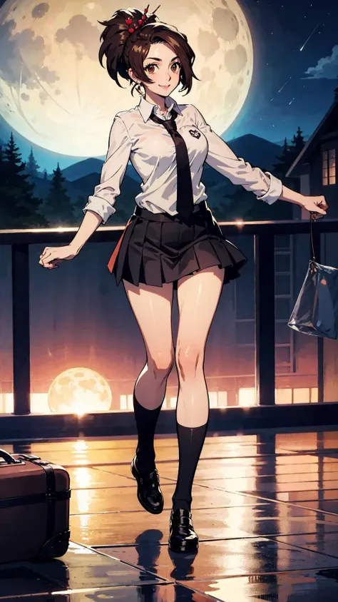 masterpiece, best quality, 1girl, solo, looking at viewer, smile, <lora:EPscFuu-07:1.0>, EPscFuu, brown hair, brown eyes,short hair, ponytail, hair ornament, wide angle, wide shot, full body, airport, night, full moon, dynamic pose, collared shirt, sky blue necktie, pleated skirt, headphones around neck, heart earrings, seductive smile