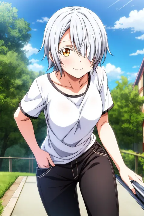 totsuka_almost_yahariorenoseishunlovecomewamachigatteiru grey_hair, short_hair, male_focus, blue_eyes, blush, smile, gym uniform escolar corto, the butt sticks out of the clothes, marked rear, gym uniform, wet white t-shirt, the shirt is transparent