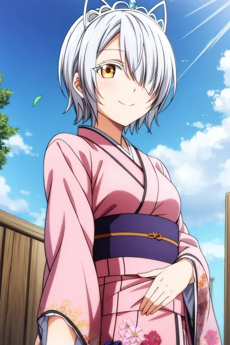 1girl, solo, looking at viewer, smile, short hair, white hair, golden-brown eyes, outdoors, sky, day, cloud, hair over one eye, blue sky, hairband, hair ornament, kimono , japanese clothes, chartreux_westia