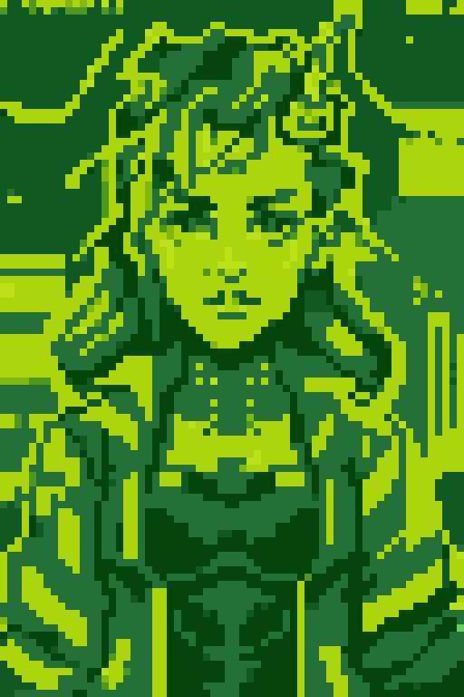 <lora:Gameboy Palette Style:0.9> green theme, limited color, gb_palette, masterpiece, best quality, 1girl, cyberpunk, wearing cyberpunk open jacket, upperbody