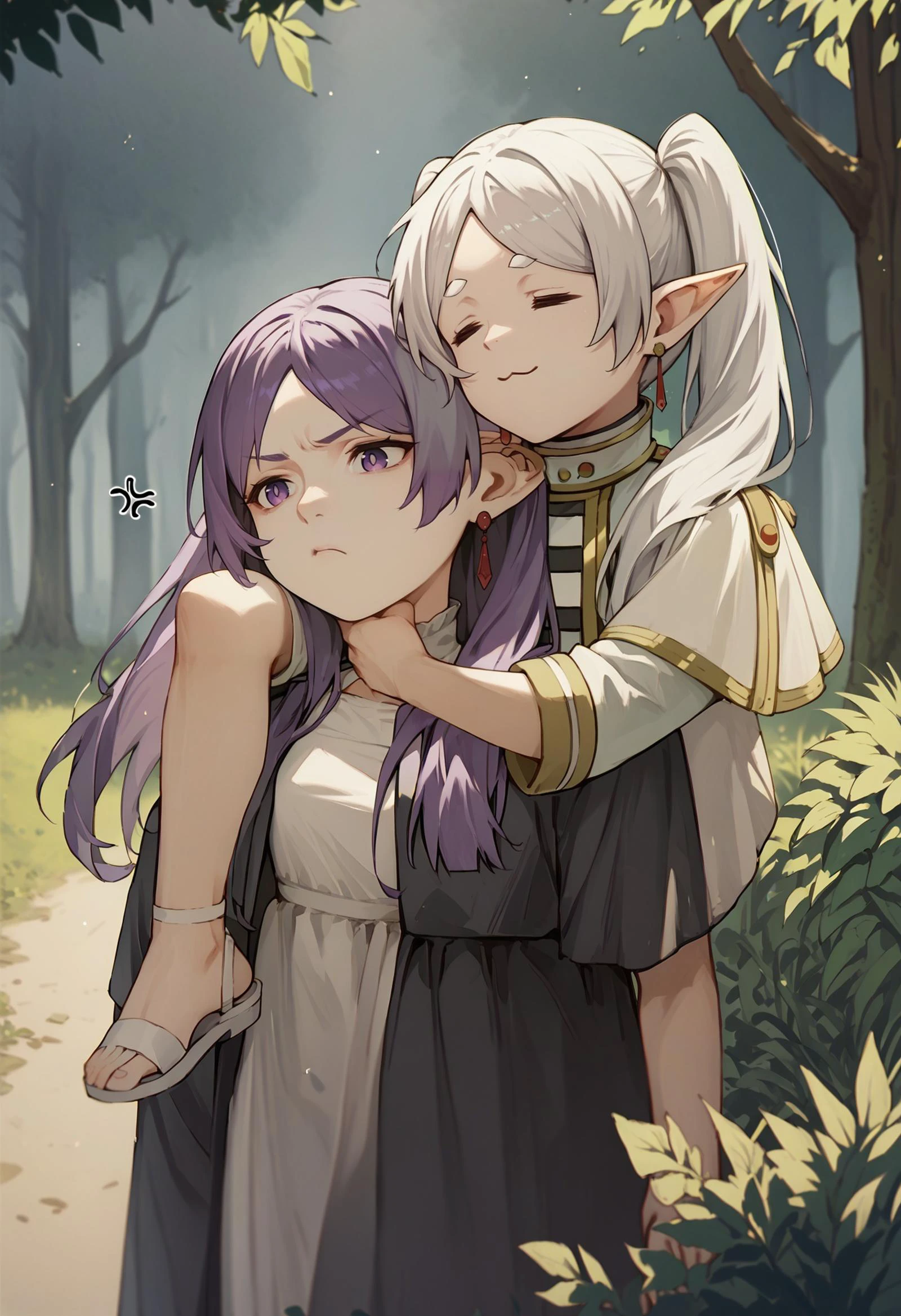 score_9,score_8_up,score_7_up,score_6_up,2girls,
BREAK
forest,
BREAK
FrierenBase, green eyes, white hair, long hair, twintails, earrings, white capelet, striped shirt, long sleeves, belt, white skirt, medium skirt, black pantyhose, brown boots, =w=, :3, = =, eyes closed,carrying, piggyback, on back, arms around neck
BREAK
carrying, piggyback, on back, arms around neck,FernBase, purple eyes, purple hair, long hair, half updo, hair ornament, white dress, collared dress, black robe, annoyed, pouting,
<lora:ChamFrierenPonyXLCame:0.8> <lora:ChamFernPonyXL:0.8> <lora:Carrying_XLPD:1> <lora:ChamElfExpressionPonyXL:1>