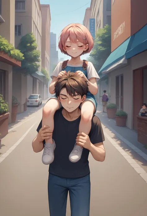 score_9, score_8_up, score_7_up, source_anime, carrying, on shoulders, shoulder carry, <lora:Carrying_XLPD:1>, 1girl, 1boy, seductive smile, blush, closed eyes, outdoors, street, shoes,