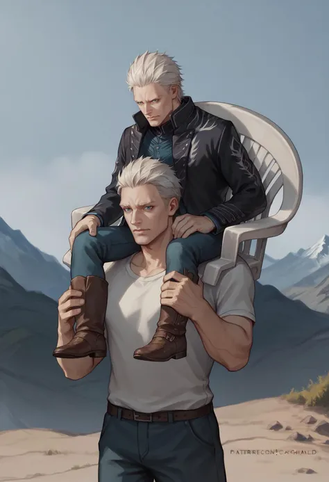 score_9,score_8_up,score_7_up,score_6_up,
BREAK
mountain,
BREAK
plastic chair, sitting, leaning,carrying, on back, arms around neck, dmc5vergil, black coat, fingerless gloves, pants,
BREAK
carrying, on shoulders, shoulder carry 
<lora:Carrying_XLPD:1> <lora:PlasticChair_XLPD:1>  <lora:dmc5_vergil_ponyXL:0.8>