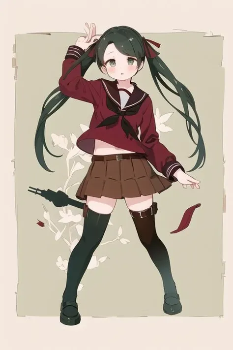 <lora:MikumaKCLora-06:1> mikumakc, twintails, dark green eyes, mikumauniform, red serafuku, brown sailor collar, brown skirt, long sleeves, thighhighs, full body, shoes, socks,
