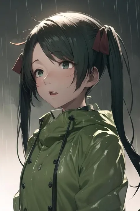 <lora:MikumaKCLora-06:1> mikumakc, twintails, raincoat, wet, raining, dark green eyes