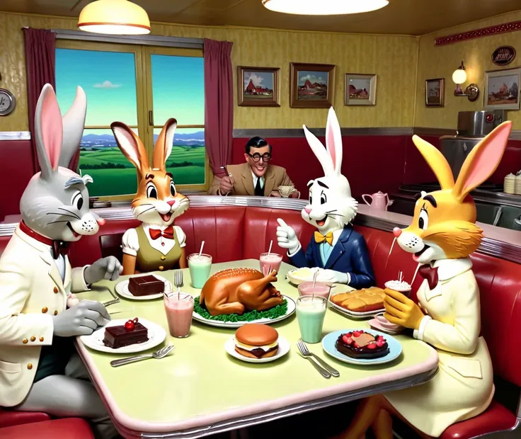 Thanksgiving dinner, in a village of anthropomorphic rabbits,in a 1950s diner, cherry cake, chocolate milkshake, hamburger on a plate, <lora:SDXL1.0_Essenz-series-by-AI_Characters_Style_MakotoShinkai-v1.1:0.5> anime screencap in mnst artstyle ,<lora:DD-made-of-clay-XL-v2:0.5> made-of-clay