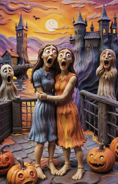 realistic painting of two scared women, (embracing each other in fear:1.4), full-height, made-of-clay, Edvard Munch style, (the scream painting:1.4), (colorful background:1.1), bridge, castle, outside, (hands touching face:0.7), scared women, extremely detailed, intricate details, 4k, 8k, maximum quality as possible please, (pumpkin on ground:1.1), barefoot, sunset, scary things, scary atmosphere, <lora:DD-made-of-clay-XL-v2:0.8>, <lora:FF-Style-Edvard-Munch-vpred:0.8>