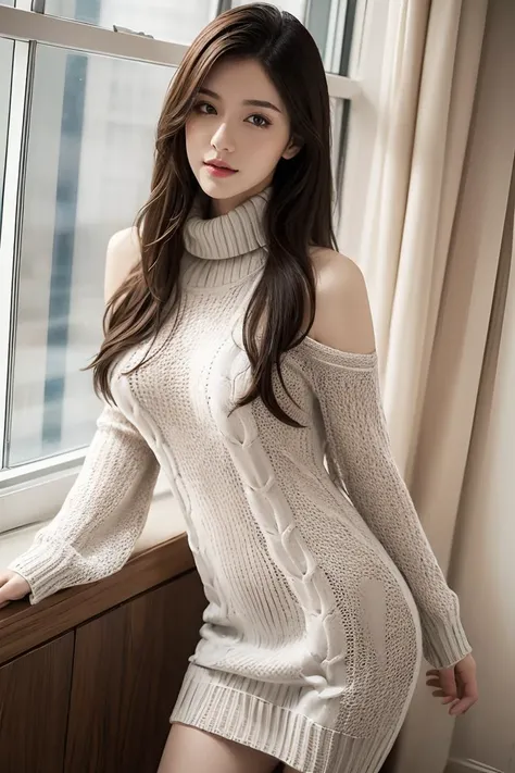 ltra-detailed,highly detailed,best quality,masterpiece,illustration,realistic,photorealistic,sweater dress,virgin killer sweater,1girl,solo,looking at viewer,<lora:backless sweater_v1_05:0.6>,