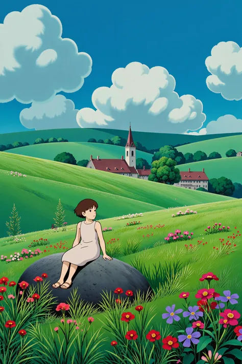 ghibli,The image depicts a young girl sitting on a large rock in a vibrant, flower-filled meadow. She is wearing a simple, light-colored dress and gazes thoughtfully into the distance. The meadow is abundant with red and purple flowers, adding a lively touch to the scene.
In the background, there is a picturesque village with charming buildings and a church with a steeple, situated among rolling green hills. The sky above is a brilliant blue, filled with fluffy white clouds, creating a serene and dreamy atmosphere. The overall scene evokes a sense of peace and tranquility, highlighting the beauty of nature and the simplicity of rural life.
