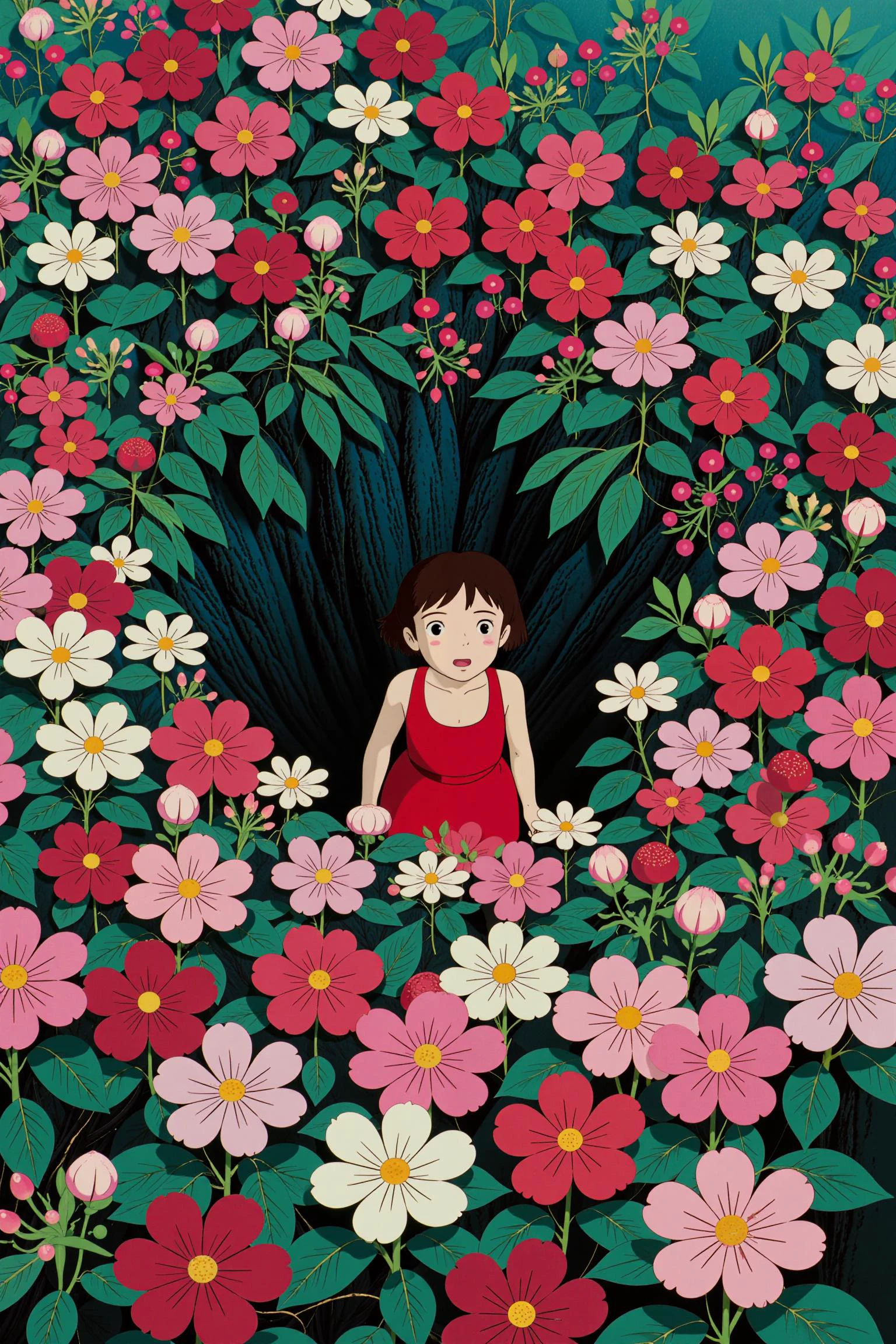 ghibli, This vibrant image features a young girl standing in the midst of a lush, colorful garden filled with a dense array of flowers. The flowers are predominantly red, white, and pink, creating a vivid and enchanting environment. The girl, dressed in a red outfit, stands out against the floral backdrop. Her expression is one of surprise or curiosity, with wide eyes and slightly parted lips, as if she is discovering something new or unexpected.
The scene is rich in detail, with the flowers appearing almost like a sea surrounding the girl, their petals and leaves overlapping in a harmonious blend of colors and shapes. The greenery interspersed among the flowers adds depth and contrast, enhancing the overall sense of immersion in nature.
The girl's outfit, with its bright red hue, complements the surrounding flowers while highlighting her as the focal point of the image. The overall composition captures a moment of wonder and exploration, evoking a sense of magic and adventure in a beautifully illustrated, whimsical setting.
