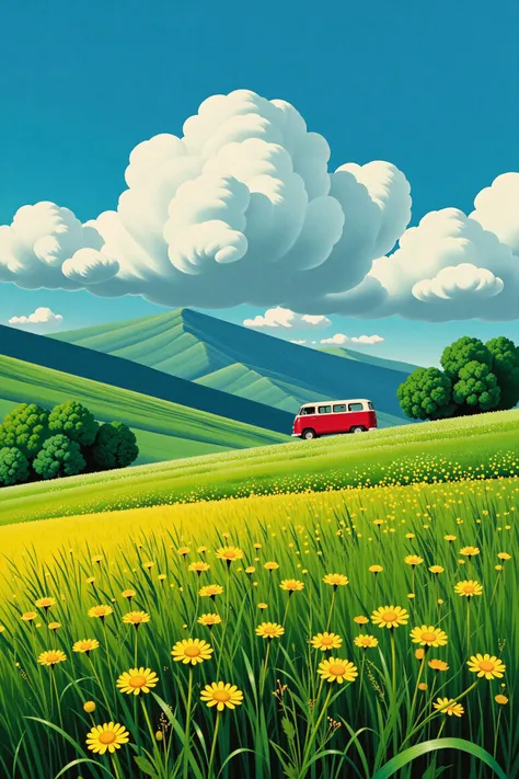 hibli, This image depicts a serene and picturesque countryside scene, dominated by lush, green rolling hills and vibrant yellow wildflowers. In the foreground, a classic red van is parked amidst the sea of yellow blossoms, adding a nostalgic and adventurous touch to the landscape.
The sky above is a brilliant blue, scattered with large, fluffy white clouds that cast gentle shadows on the hills below. The distant mountains are painted in soft shades of blue and green, creating a sense of depth and tranquility. The sunlight bathes the entire scene in a warm, golden glow, enhancing the vivid colors and highlighting the natural beauty of the area.
The composition captures the essence of a peaceful retreat, where the simplicity of nature meets the charm of a vintage road trip. The red van, with its retro design, stands out against the green and yellow backdrop, symbolizing freedom and exploration. The overall atmosphere is one of calm, joy, and the timeless allure of the great outdoors.