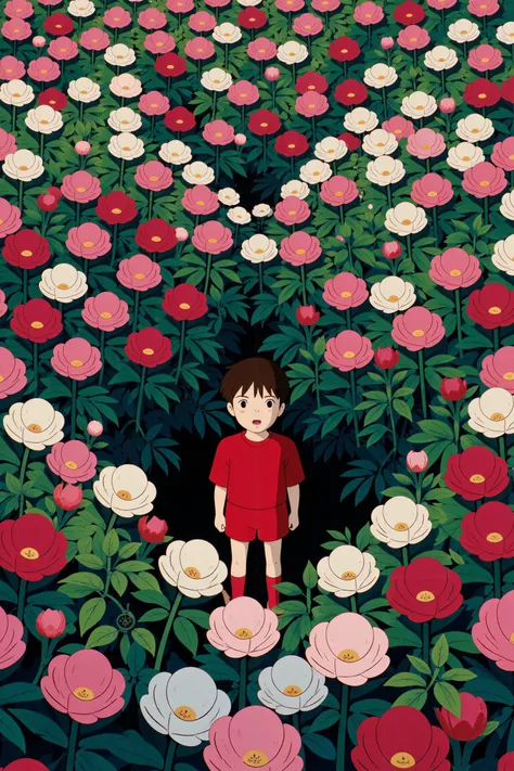 ghibli, ghibli, This vibrant image features a young girl standing in the midst of a lush, colorful garden filled with a dense array of flowers. The flowers are predominantly red, white, and pink, creating a vivid and enchanting environment. The girl, dressed in a red outfit, stands out against the floral backdrop. Her expression is one of surprise or curiosity, with wide eyes and slightly parted lips, as if she is discovering something new or unexpected.
The scene is rich in detail, with the flowers appearing almost like a sea surrounding the girl, their petals and leaves overlapping in a harmonious blend of colors and shapes. The greenery interspersed among the flowers adds depth and contrast, enhancing the overall sense of immersion in nature.
The girl's outfit, with its bright red hue, complements the surrounding flowers while highlighting her as the focal point of the image. The overall composition captures a moment of wonder and exploration, evoking a sense of magic and adventure in a beautifully illustrated, whimsical setting.