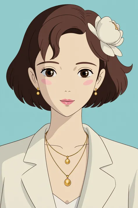 ghibli, This image is a beautifully rendered illustration of a young woman with a serene and elegant appearance. She has short, wavy brown hair that frames her delicate face. A large, white peony flower adorns her hair on the right side, adding a touch of natural beauty and grace. Her makeup is subtle yet sophisticated, with soft pink lips and a hint of blush on her cheeks, enhancing her youthful features.
She wears a white blazer, which gives her a chic and modern look. Around her neck are several layered gold necklaces with delicate pendants, adding a touch of luxury and refinement. Her earrings match the necklaces, completing her stylish and coordinated outfit.
The background is a simple, light blue, which complements her overall aesthetic and allows her to stand out as the focal point of the image. The illustration captures a sense of poise and elegance, blending modern fashion