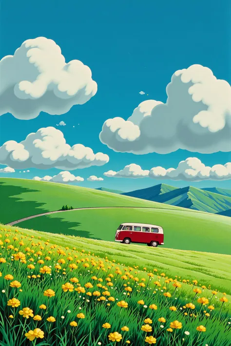ghibli, This image depicts a serene and picturesque countryside scene, dominated by lush, green rolling hills and vibrant yellow wildflowers. In the foreground, a classic red van is parked amidst the sea of yellow blossoms, adding a nostalgic and adventurous touch to the landscape.
The sky above is a brilliant blue, scattered with large, fluffy white clouds that cast gentle shadows on the hills below. The distant mountains are painted in soft shades of blue and green, creating a sense of depth and tranquility. The sunlight bathes the entire scene in a warm, golden glow, enhancing the vivid colors and highlighting the natural beauty of the area.
The composition captures the essence of a peaceful retreat, where the simplicity of nature meets the charm of a vintage road trip. The red van, with its retro design, stands out against the green and yellow backdrop, symbolizing freedom and exploration. The overall atmosphere is one of calm, joy, and the timeless allure of the great outdoors.