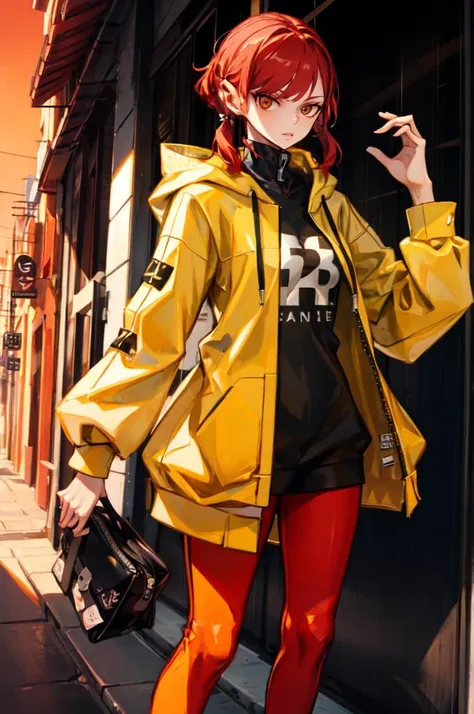 <lora:style_panamaman:1> )orange theme:1.2),, absurdres, ultra detailed, masterpiece, best quality, aesthetic, detailed,, solo, 1girl, red hair, orange eyes, amber eyes, swept bangs, parted bangs, <lora:LowTwintailsHelper:1> low twintails,
short hair, medium hair, small breasts, <lora:Tsurime3:1>, (tsurime:1.2),, leggings, leather jacket, long shirt, combat boots, hoodie,