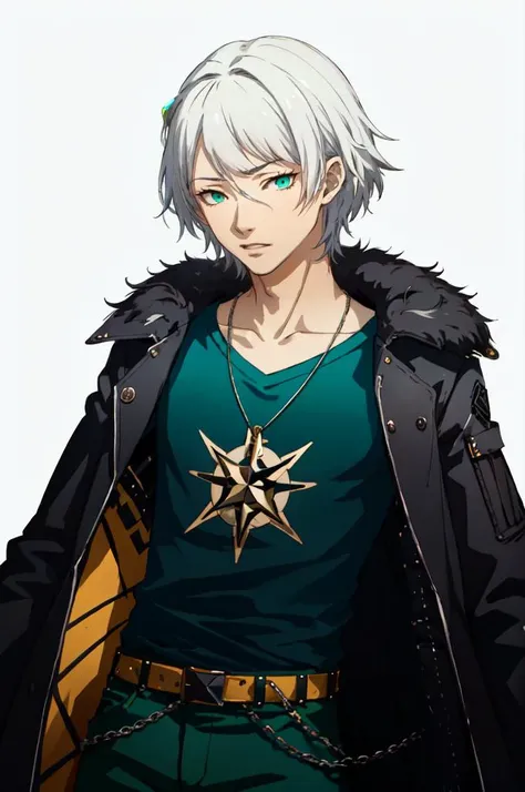 <lora:Persona4StyleV2:0.7> solo, portrait, transparent background, (white background), green shirt,, absurdres, ultra detailed, masterpiece, best quality, aesthetic, detailed,, solo, 1boy, teal eyes, <lora:Tsurime3:1>, (tsurime:1.2), parted bangs, white hair, medium hair, straight hair, shoulder-length hair, male focus,, coat, shirt, pants, studded belt, multiple belts, combat boots, torn clothes, necklace, black coat, black and green theme,