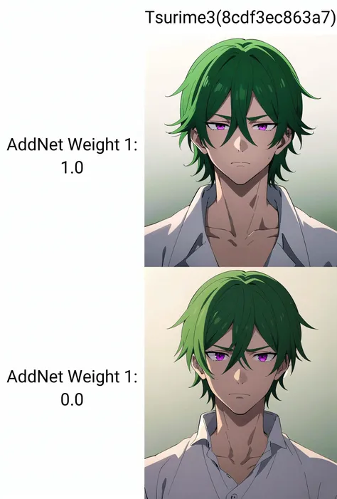anime, (tsurime:1.3), 1boy, male focus, facial portrait, light frown, medium hair, magenta eyes, detailed eyes, hair between eyes, green hair, green hair, gradient hair, smooth face, beautiful composition, coherent design, dramatic shadows