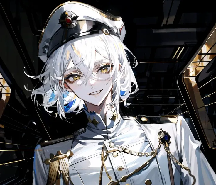 au \(d elete\, <lora:au_d_elete_offset:1>, solo, 1boy, straight hair, hair between eyes, smile, (close-up:1.1), (headshot:1.5), (looking at viewer:1.1), white hair, short shaggy hair, white clothes, (white military uniform:1.2), yellow eyes, (white military hat:1.1), cyberpunk, science fiction, (spacecraft interior:1.2), tsurime, <lora:Tsurime:0.9>, (night:1)