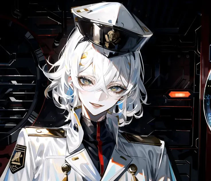au \(d elete\, <lora:au_d_elete_offset:1>, solo, 1boy, straight hair, hair between eyes, smile, (close-up:1.1), (headshot:1.5), (looking at viewer:1.1), white hair, short shaggy hair, white clothes, (white military uniform:1.2), yellow eyes, (white military hat:1.1), cyberpunk, science fiction, (spacecraft interior:1.2), tsurime, <lora:Tsurime:0.9>, (night:1)