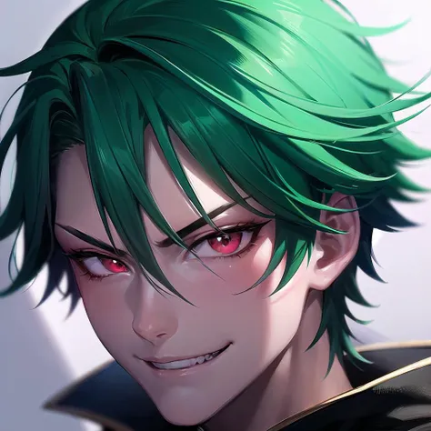 anime, (tsurime), 1boy, male focus, facial portrait, devious smile, evil smile, buzzed sides, deep red eyes, detailed eyes, sidelocks, cyan hair, bright green hair, streaked hair, fine eyelashes, beautiful composition, coherent design, dramatic shadows