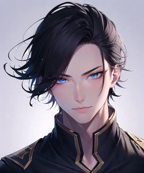 (tsurime:1.3), 1boy, male focus, facial portrait, wince, grimace, in pain, single hair bun, blue-gray eyes, detailed eyes, (((swept bangs))), (black hair, indigo hair, streaked hair:1.2), perfect face, beautiful composition, coherent design