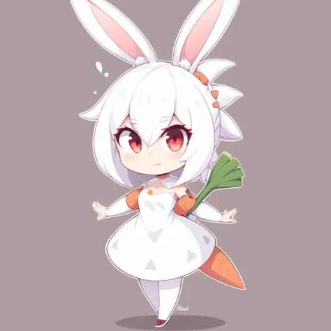 full body, chibi, 1girl, giant carrot , rabbit ears, white hair , red eyes,white dress , <lora:GreenArtistSpice-15:1> greenartistspice,outline,