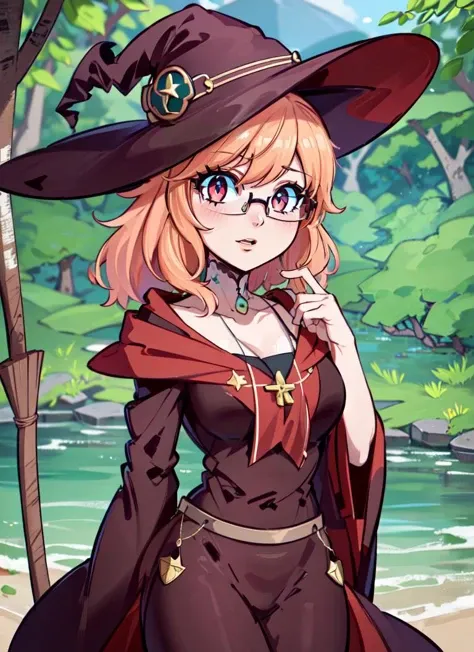 ((best quality)), ((highly detailed)), masterpiece, absurdres, extremely detailed face, beautiful face, (detailed eyes, deep eyes), (1girl), (glasses), cowboy shot, witch, witch hat, broom, (outdoors, in a mangrove_forest, afternoon, clear weather), <lora:GreenArtistSpice:1>, greenartistspice